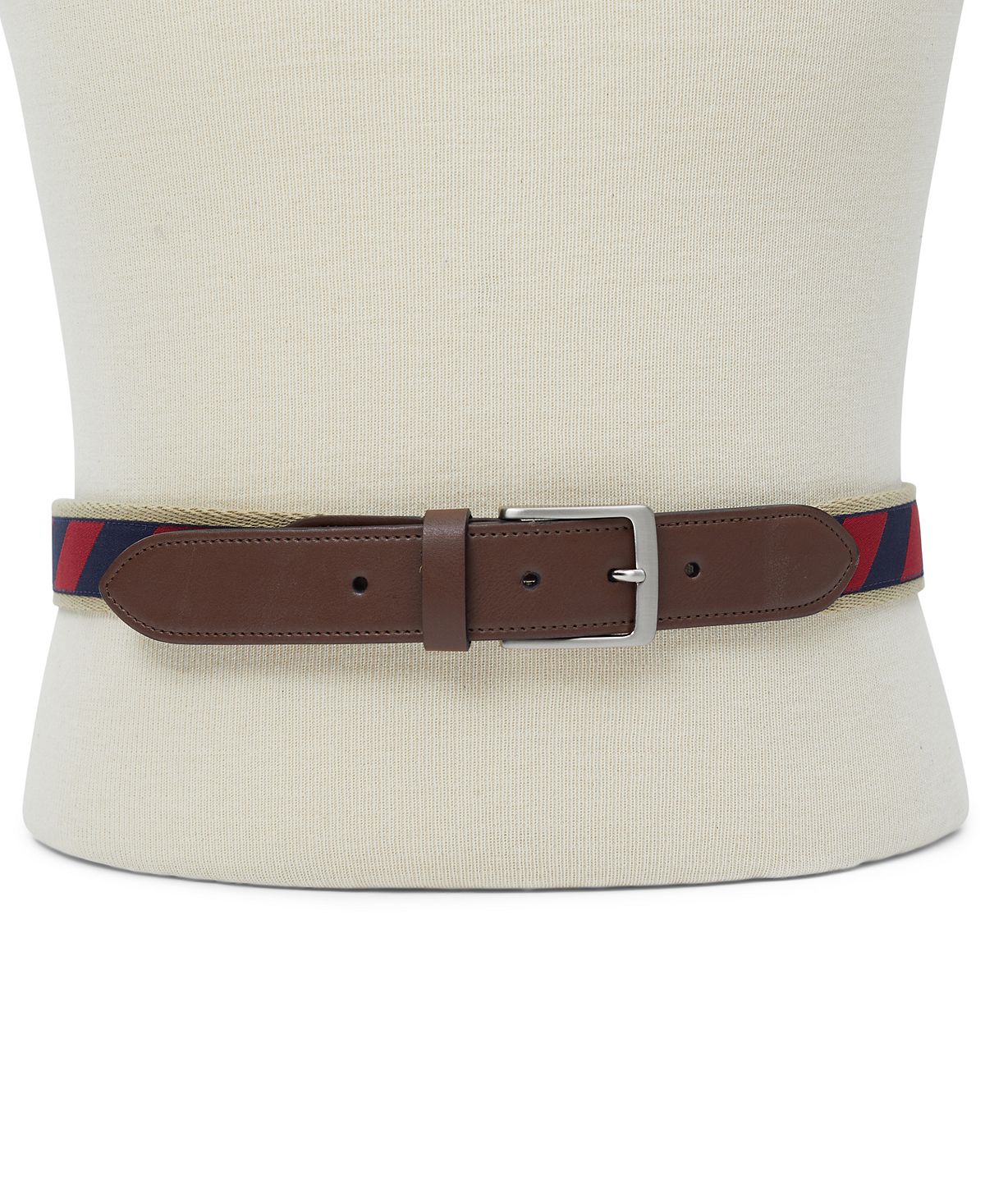 Club Room Canvas Ribbon Overlay Belt With Faux-leather Trim Navy/Red