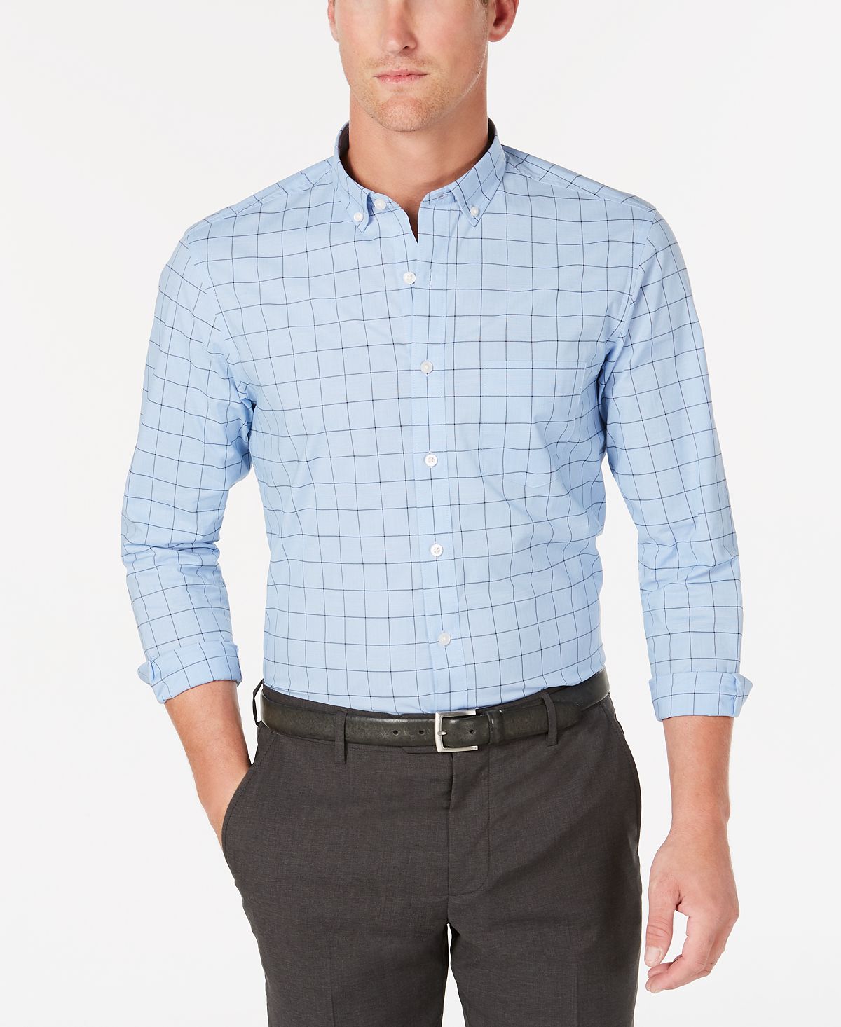 Club Room Grid Check Stretch Cotton Shirt With Pocket Blue Fog