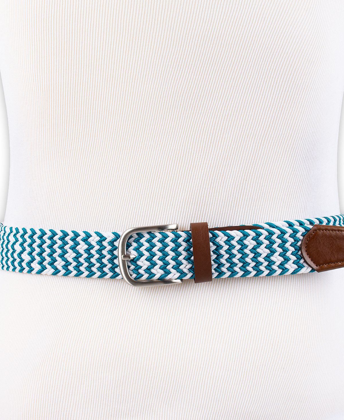 Club Room Stretch Comfort Braided Belt With Faux-leather Trim Green/white