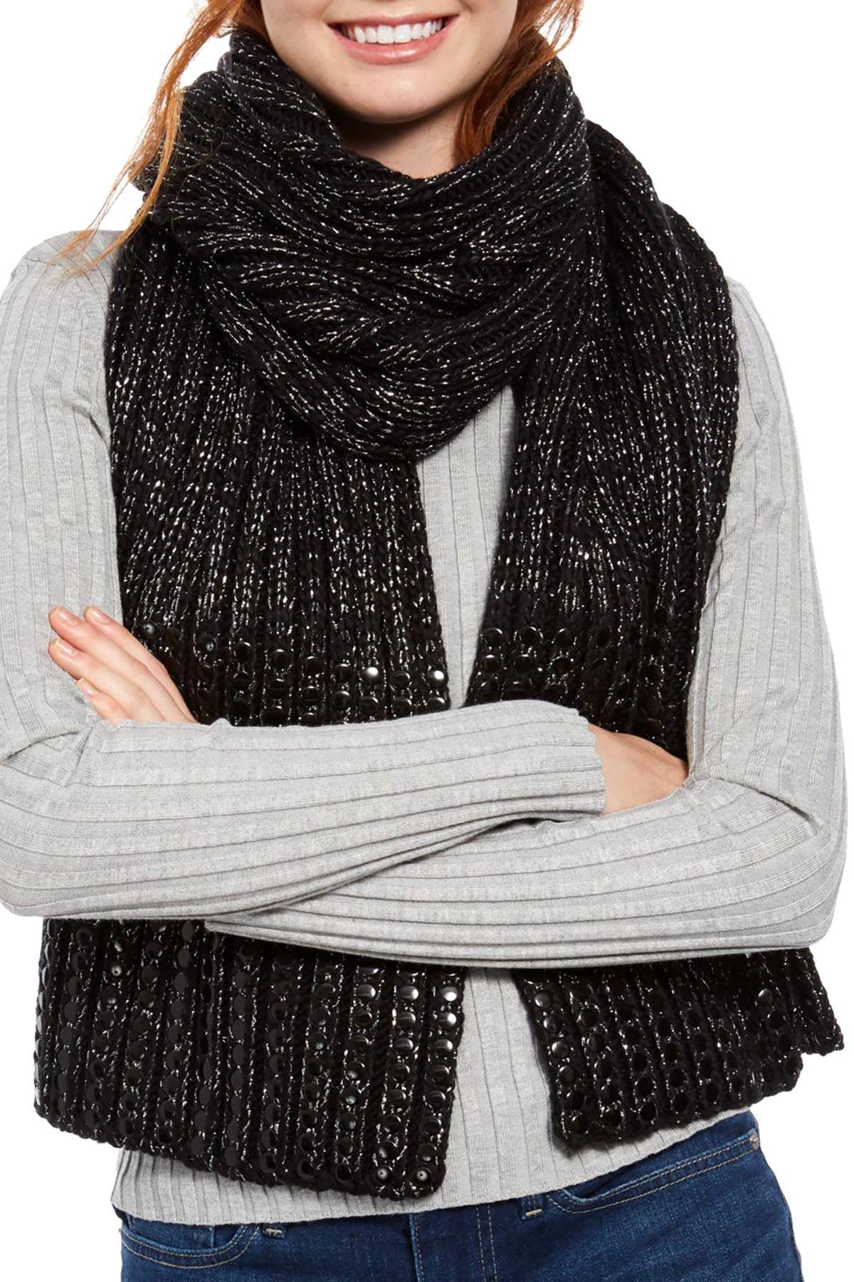 DKNY Black/Silver Flat Stud Metallic Rib-Knit Scarf