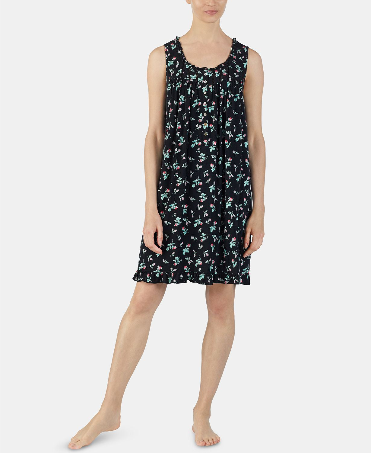 Eileen West Flower Print Jersey Knit Modal Chemise in Black