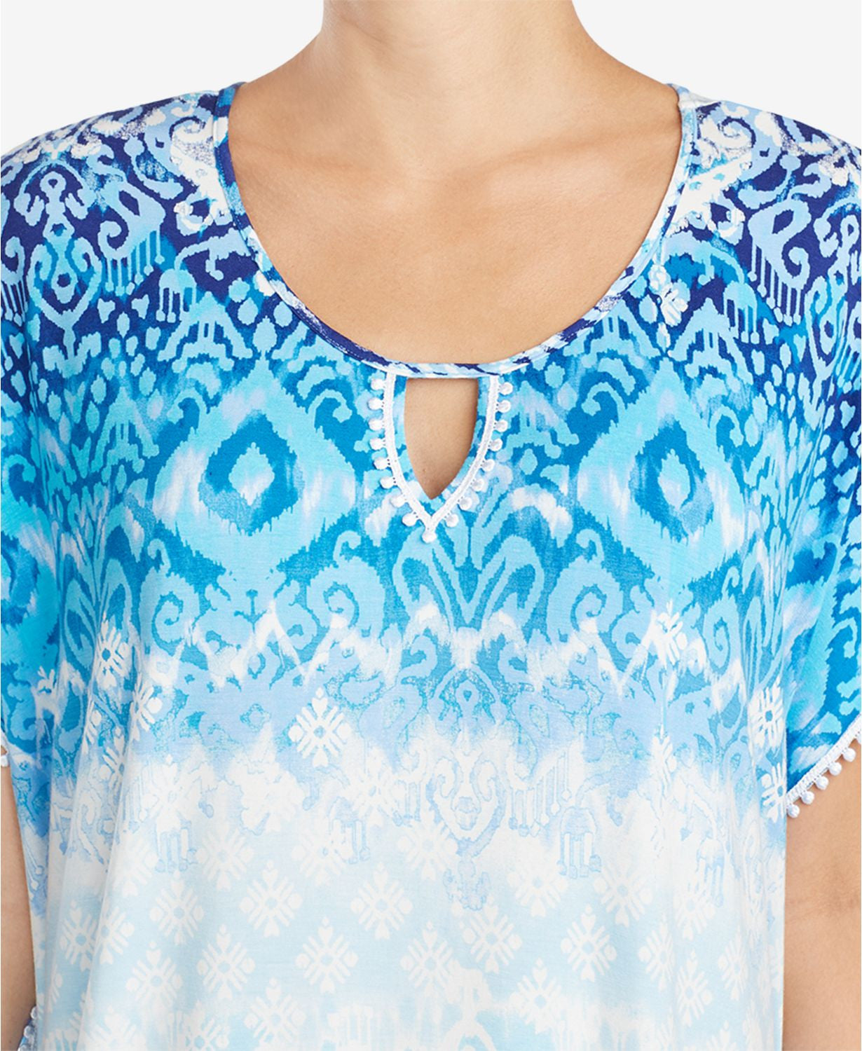 Ellen Tracy Crochet Trim Keyhole Caftan in White/Blue