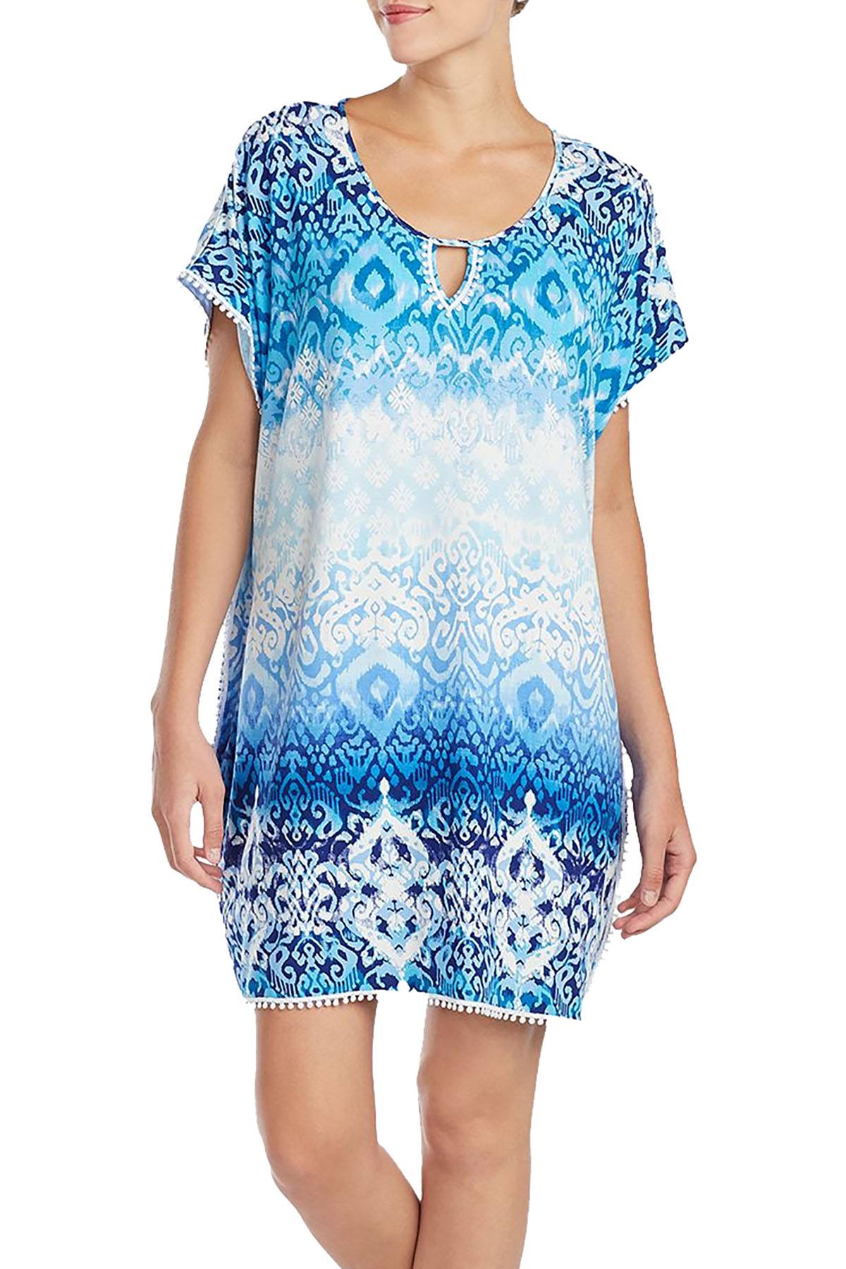 Ellen Tracy Crochet Trim Keyhole Caftan in White/Blue