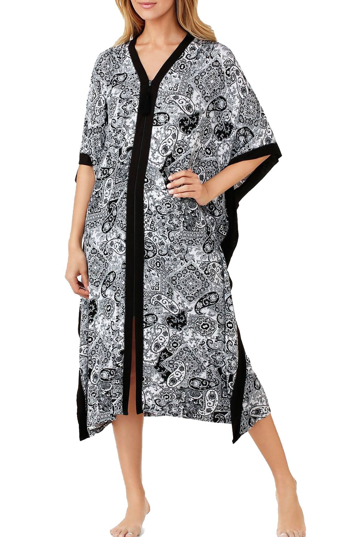 Ellen Tracy Zip Front Printed Caftan in White Grid