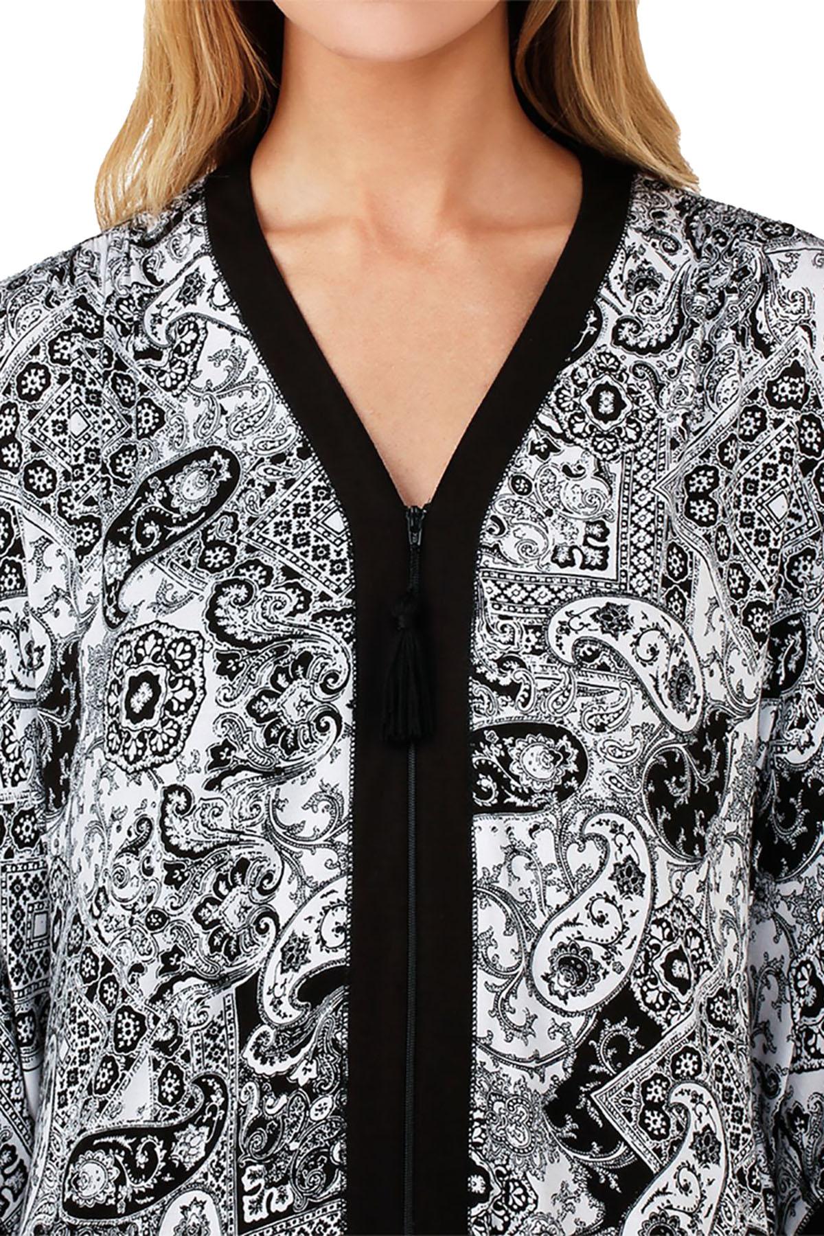 Ellen Tracy Zip Front Printed Caftan in White Grid