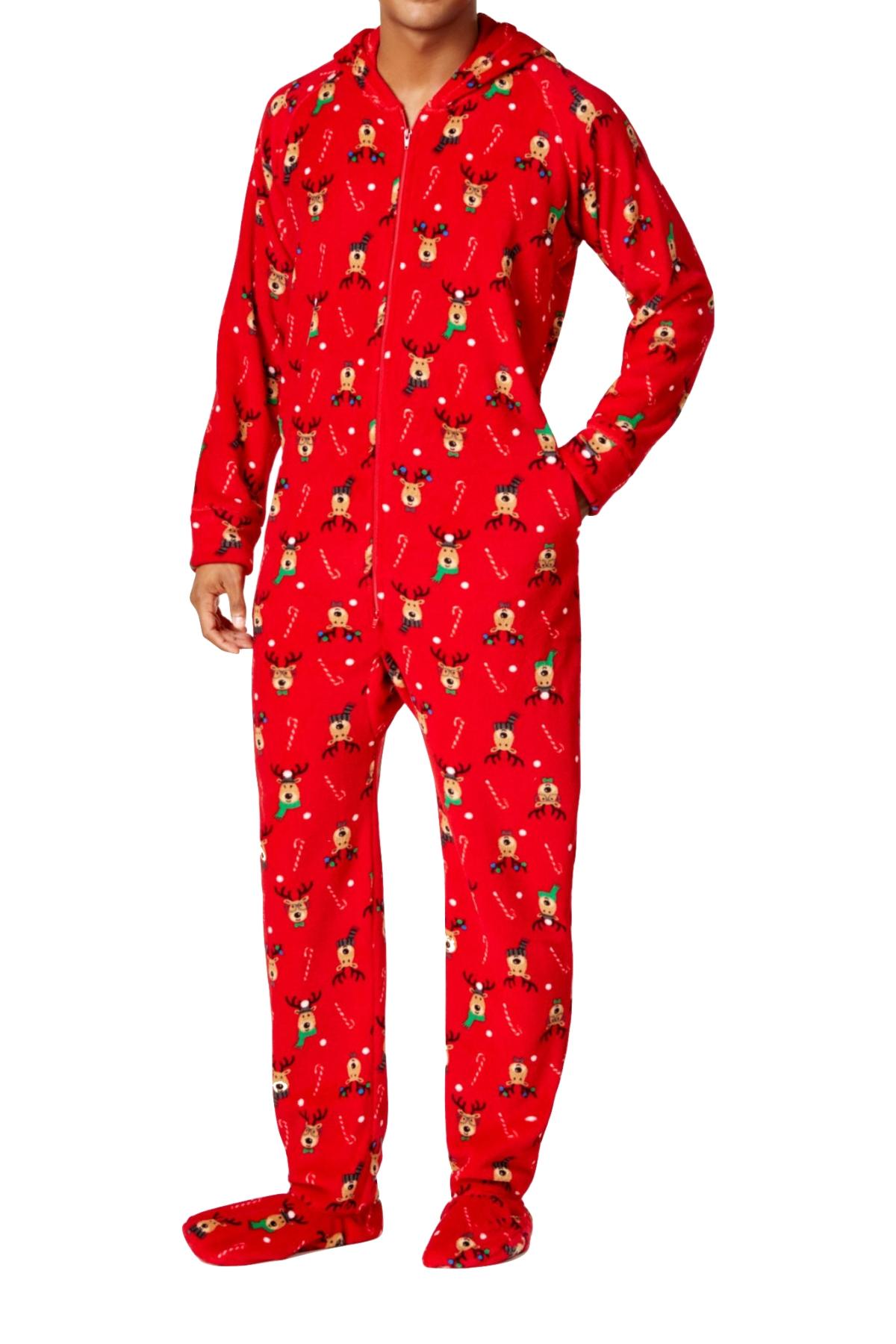 Family PJs Men Hooded Footed Pajama Onesie in Reindeer Red