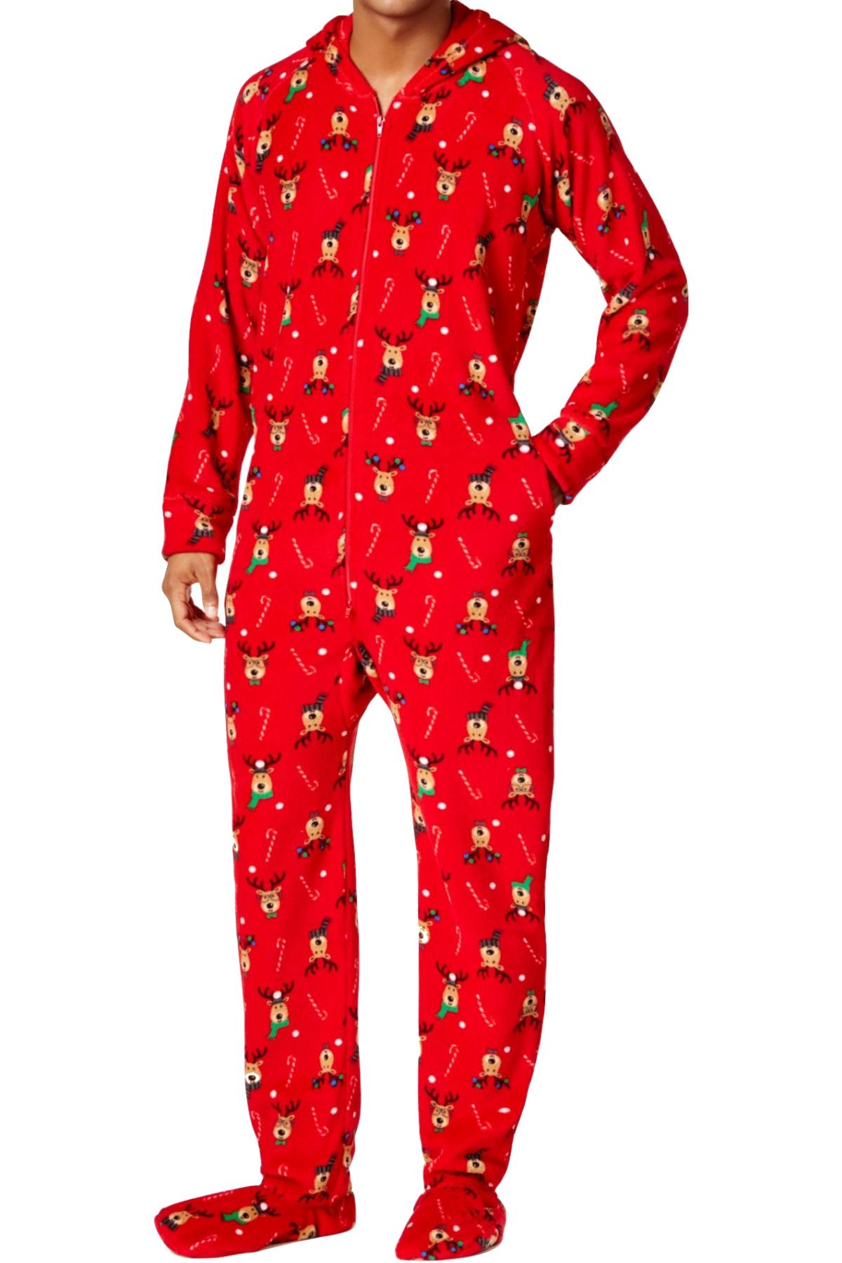 Family PJs Men Hooded Footed Pajama Onesie in Reindeer Red