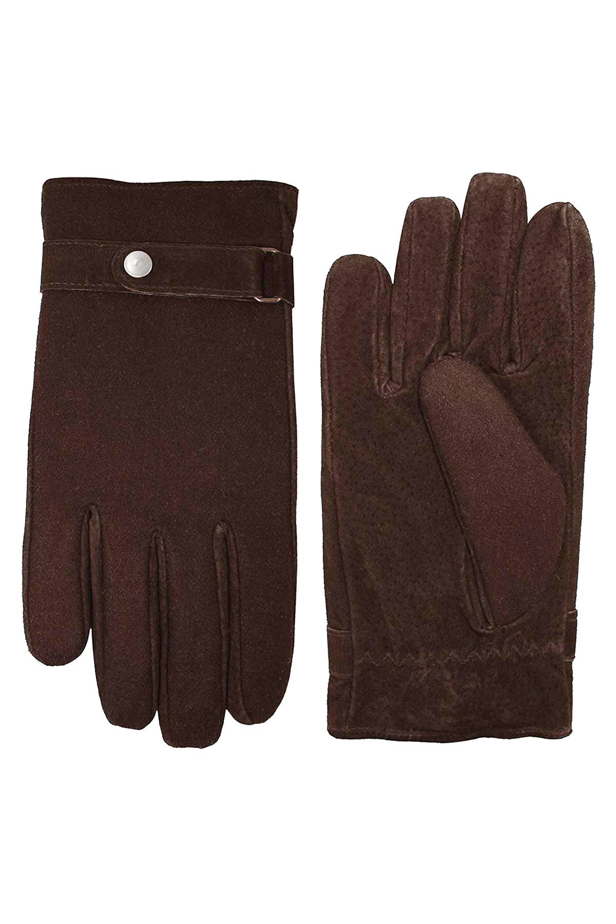 Grandoe Brown Wool Mixed Media Gloves with Belt and Suede Palm