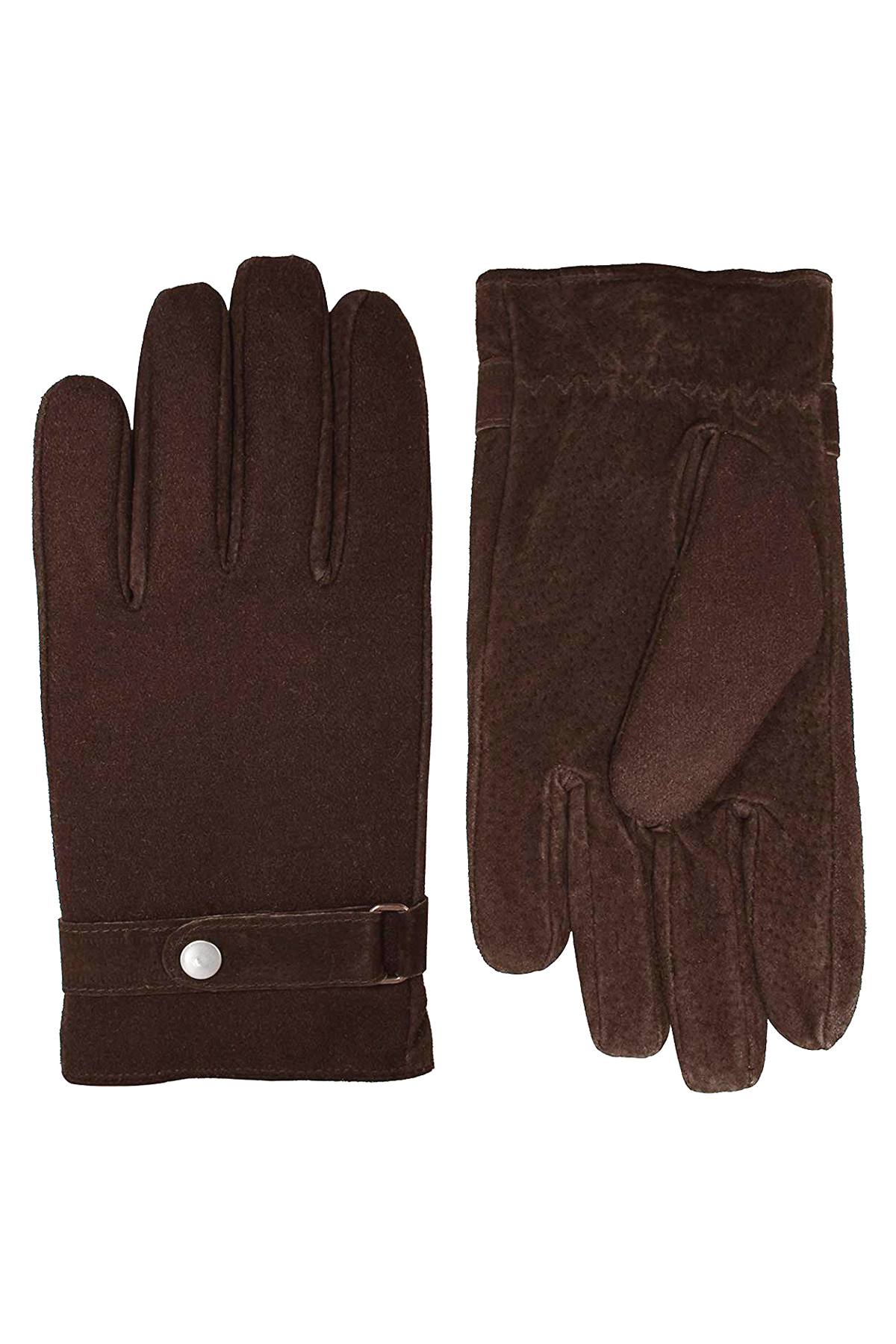 Grandoe Brown Wool Mixed Media Gloves with Belt and Suede Palm