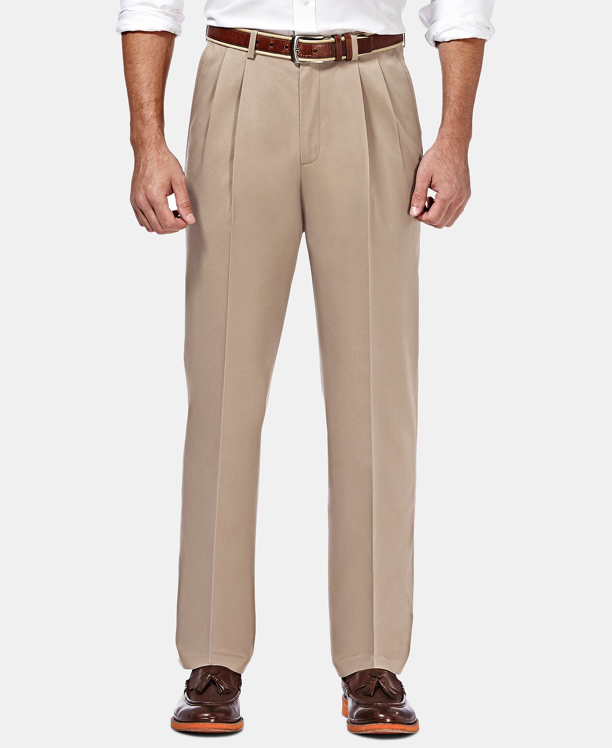 Haggar Premium No Iron Khaki Classic Fit Pleat Hidden Expandable Waist Pants Sand