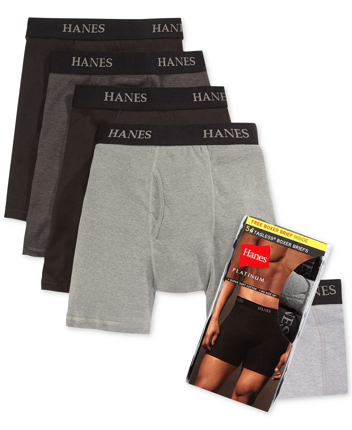 Hanes Boxer Briefs 4-pack + 1 Extra Bonus Pair Black/Grey