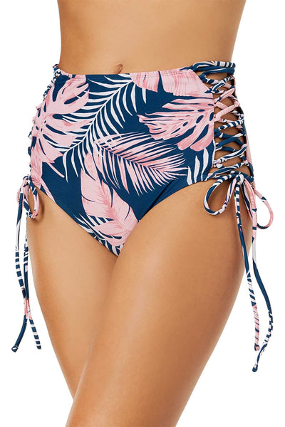 Hula Honey Blue/Pink Paradise Leaves Printed High Waisted Bikini Bottom