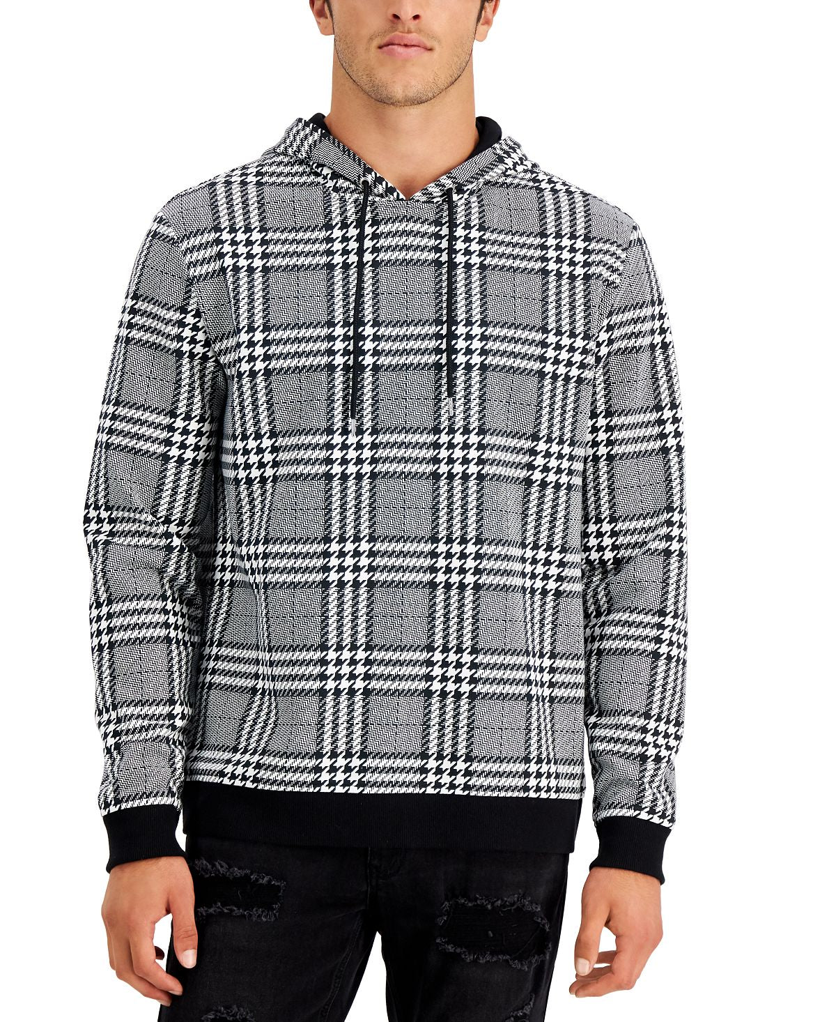 Inc International Concepts Houndstooth Plaid French Terry Hoodie