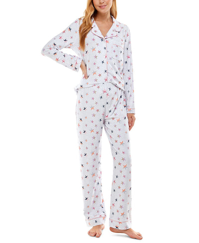 Jaclyn Intimates Roudelain Printed Notch-collar Top & Pants Pajama Set Star White Duo