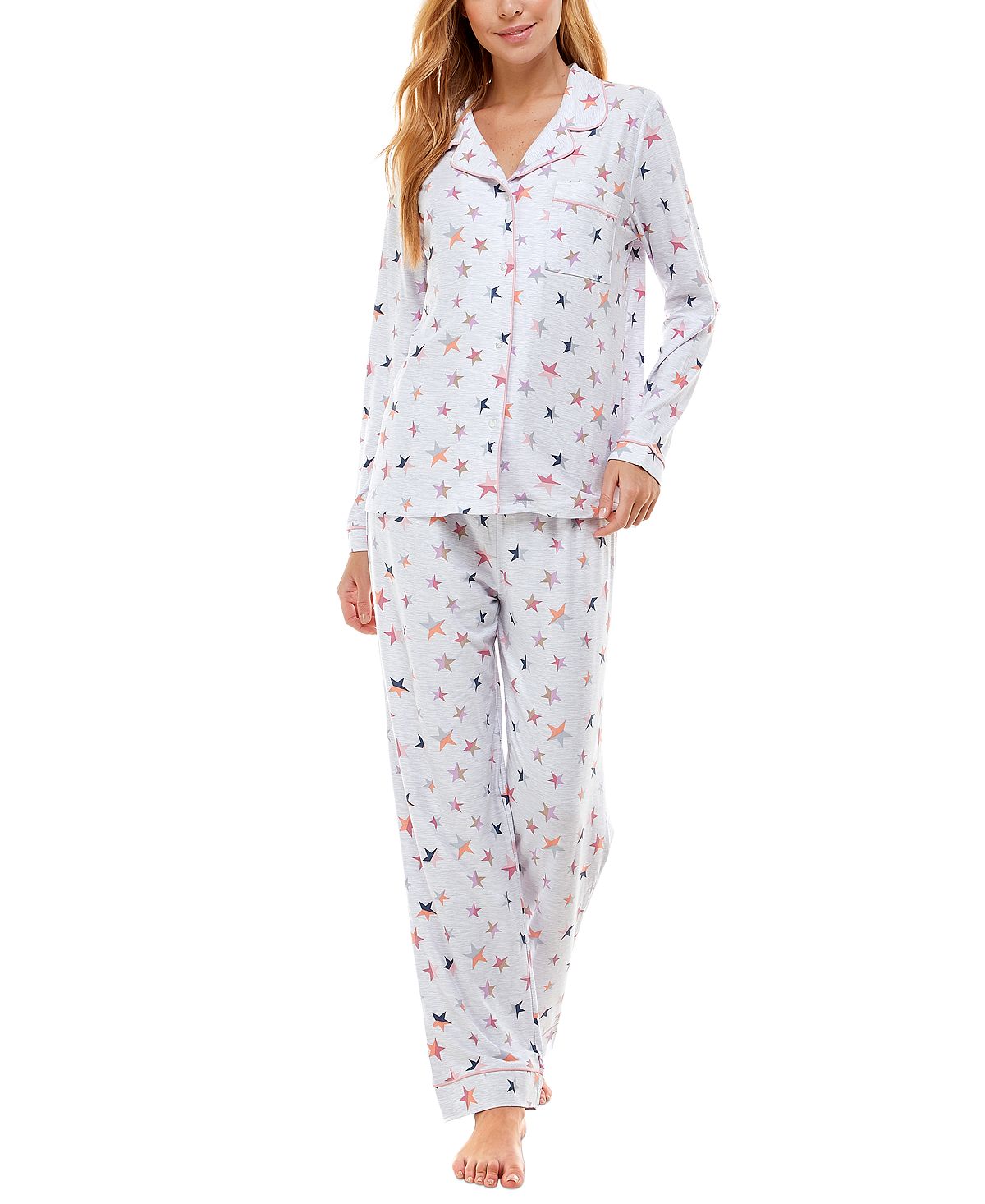 Jaclyn Intimates Roudelain Printed Notch-collar Top & Pants Pajama Set Star White Duo