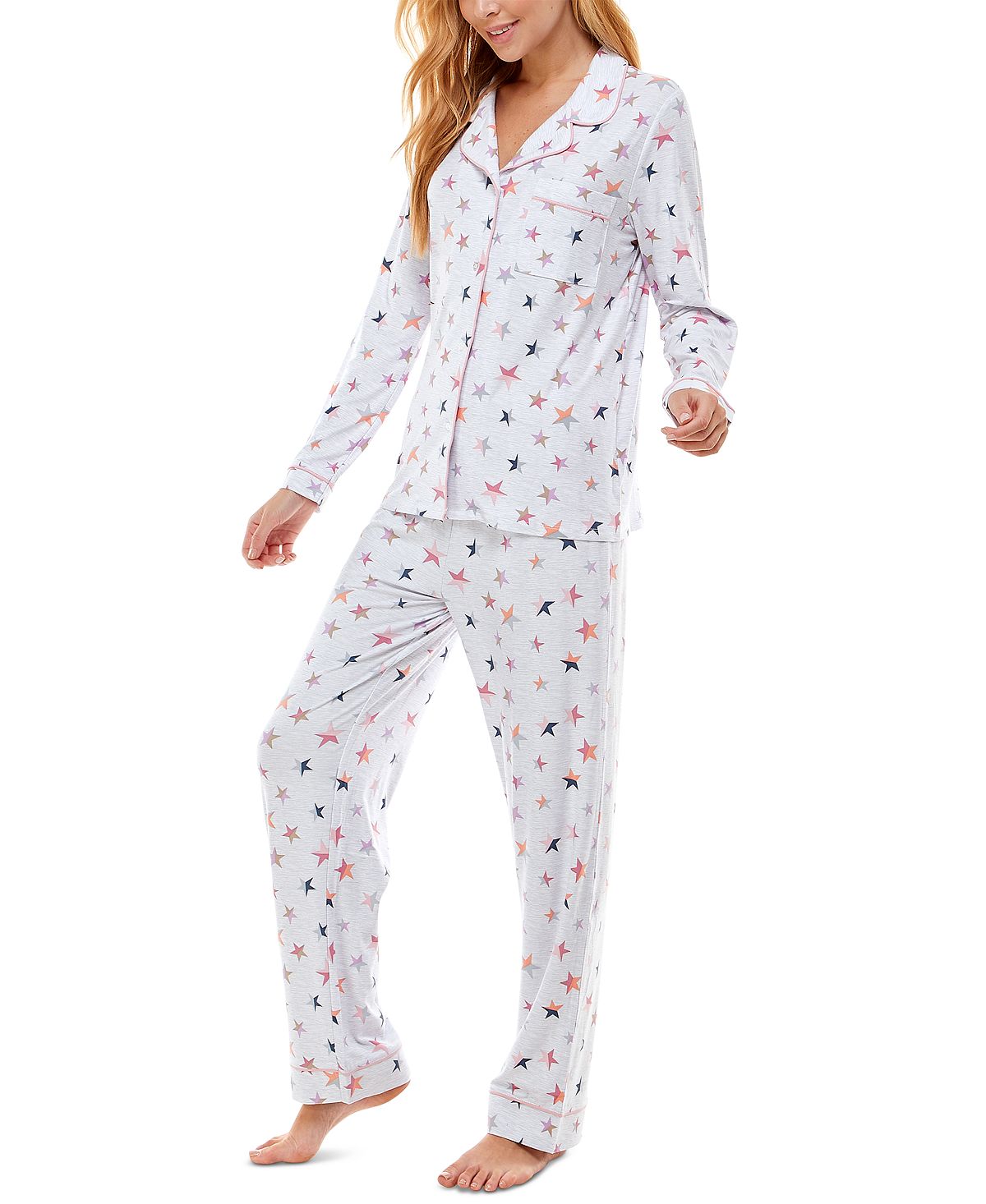 Jaclyn Intimates Roudelain Printed Notch-collar Top & Pants Pajama Set Star White Duo