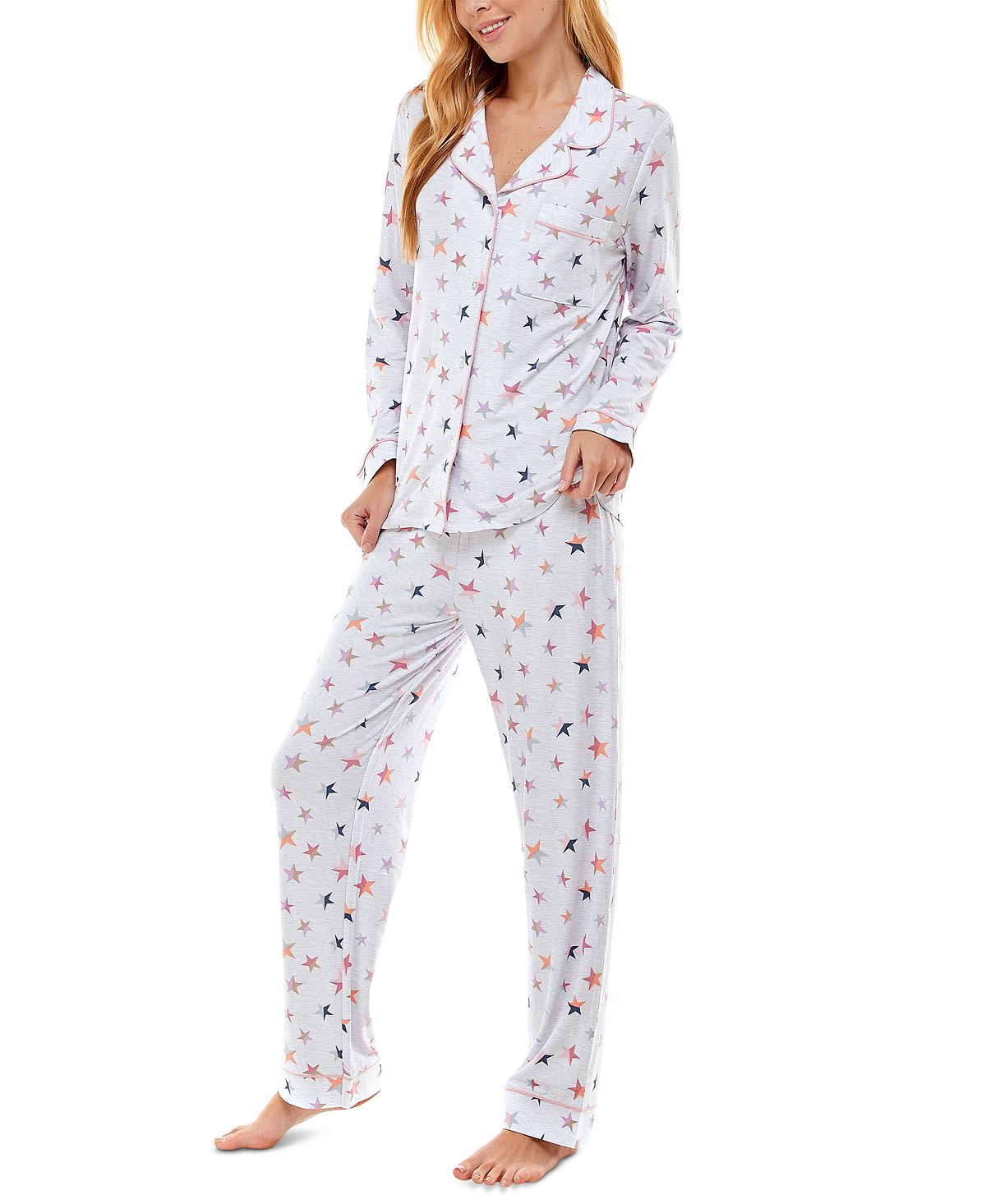 Jaclyn Intimates Roudelain Printed Notch-collar Top & Pants Pajama Set Star White Duo