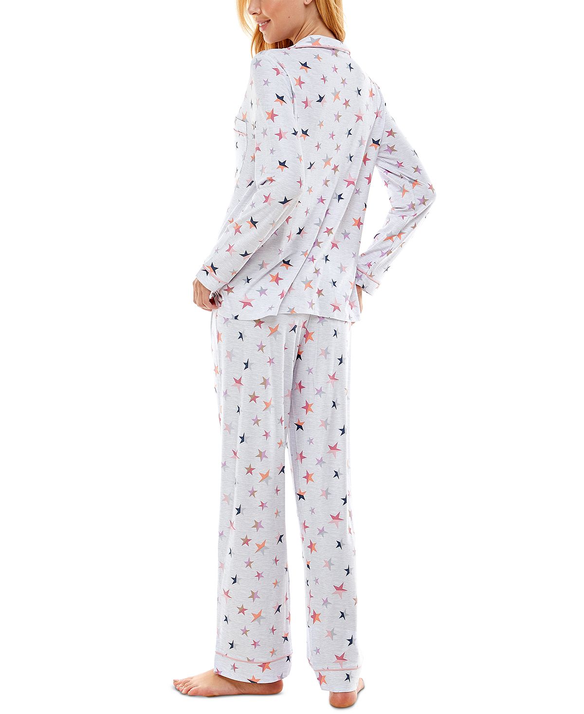 Jaclyn Intimates Roudelain Printed Notch-collar Top & Pants Pajama Set Star White Duo