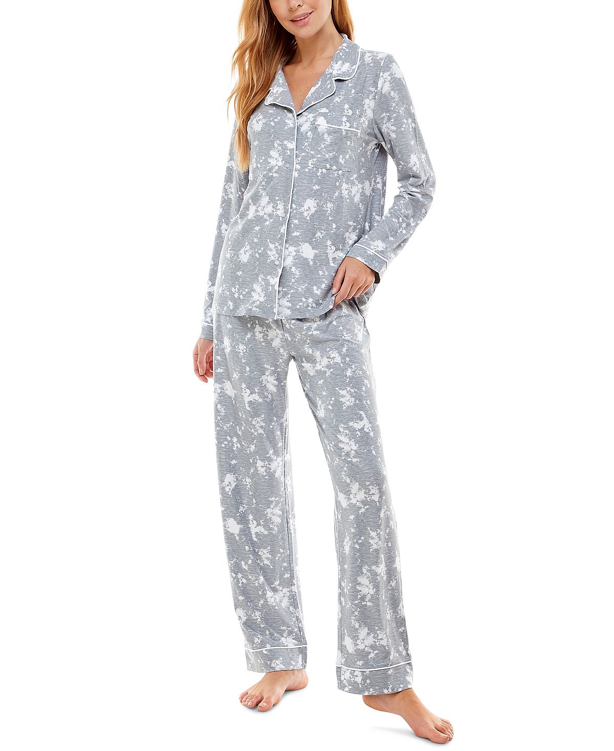 Jaclyn Intimates Roudelain Printed Notch collar Top Pants Pajama