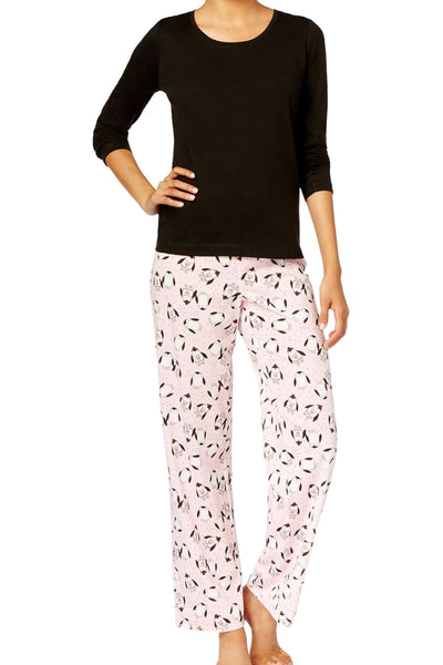 Jenni By Jennifer Moore Black/Pink Penguins Knit Top & Printed Pant Pajama Set