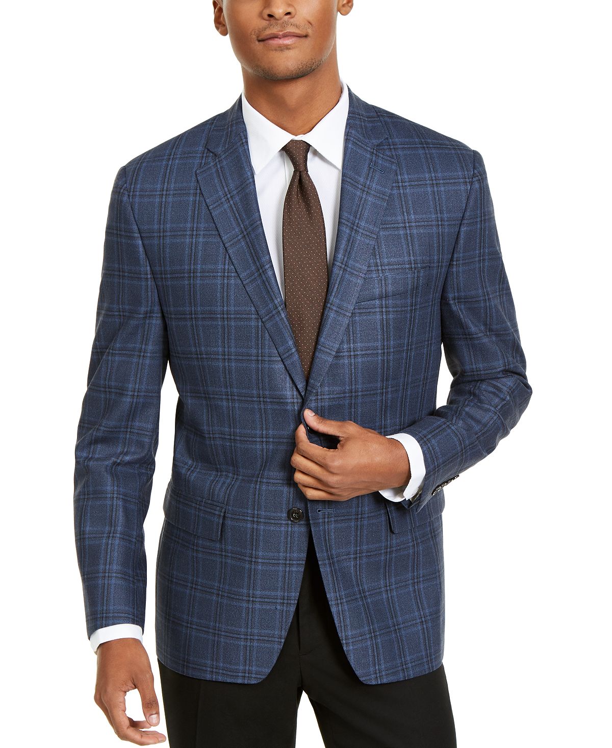 Lauren Ralph Lauren Classic-fit Ultraflex Stretch Navy Blue Windowpane Plaid Silk & Wool Sport Coat Navy