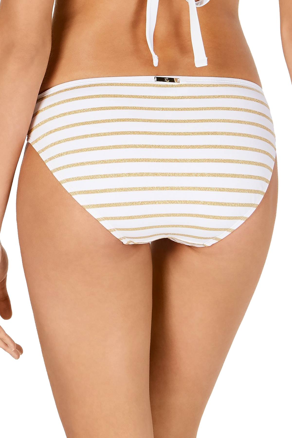 Lauren Ralph Lauren Metallic Stripe Bikini Bottom in White/Gold