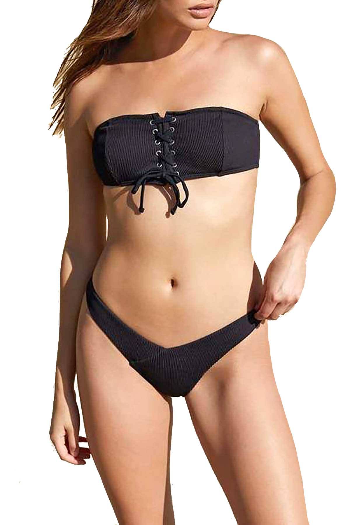 MINKPINK Black Kylie Lace-Up Ribbed Bandeau Bikini Top