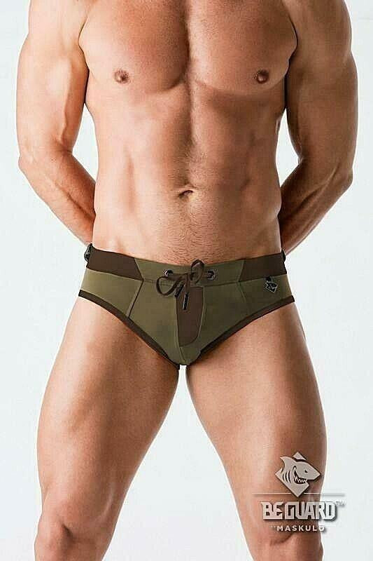 Maskulo Dark Olive Beguard Zip Front Imitation Swim Brief