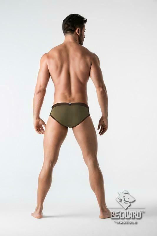 Maskulo Dark Olive Beguard Zip Front Imitation Swim Brief