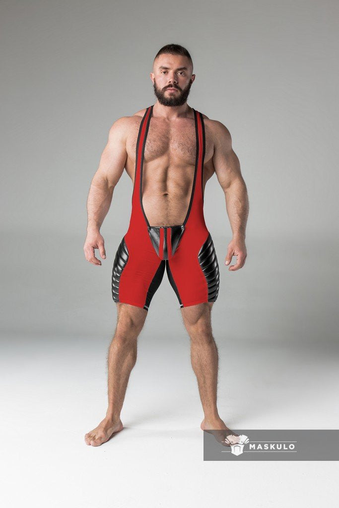 Maskulo Red Regular Rear Wrestling Singlet With Full Thigh Pads