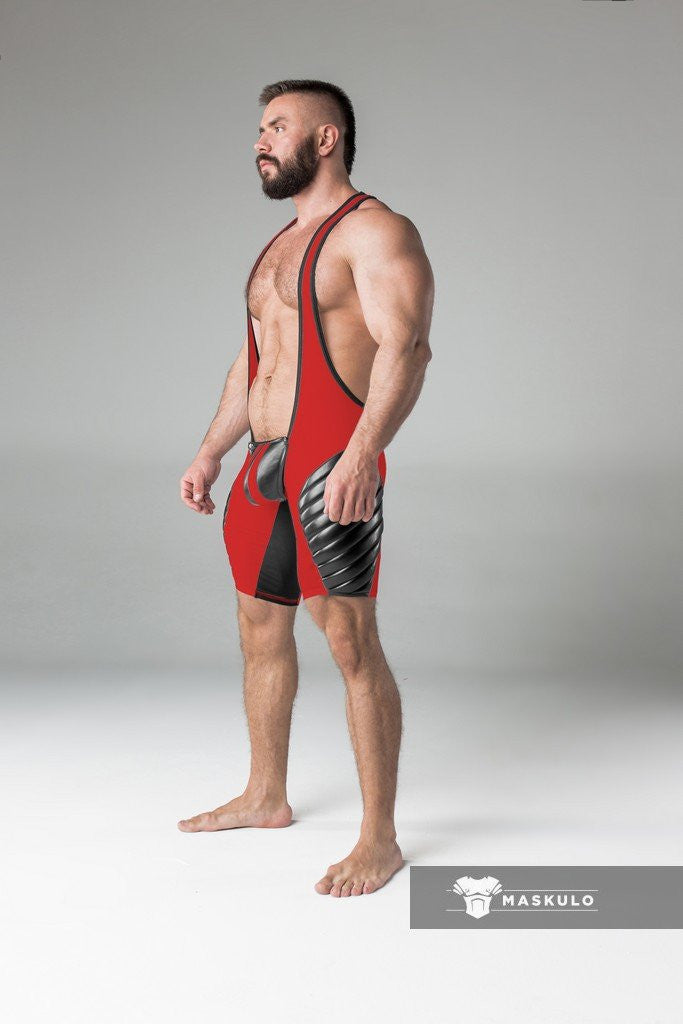 Maskulo Red Regular Rear Wrestling Singlet With Full Thigh Pads