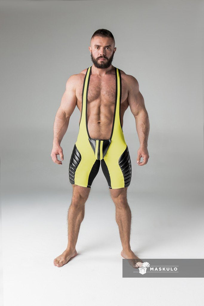 Maskulo Yellow Full Thigh Pads Open Rear Wrestling Singlet