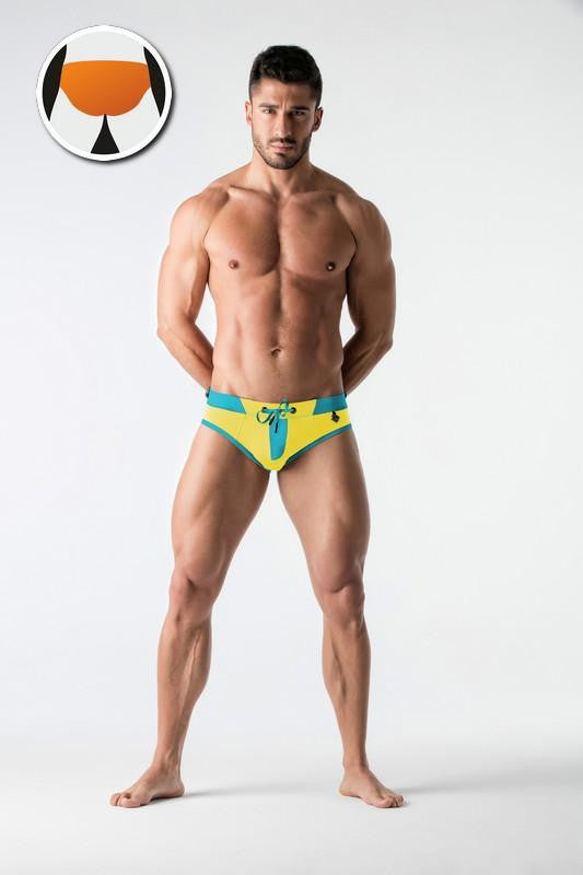 Maskulo Yellow Zip Front Imitation Swimming Briefs