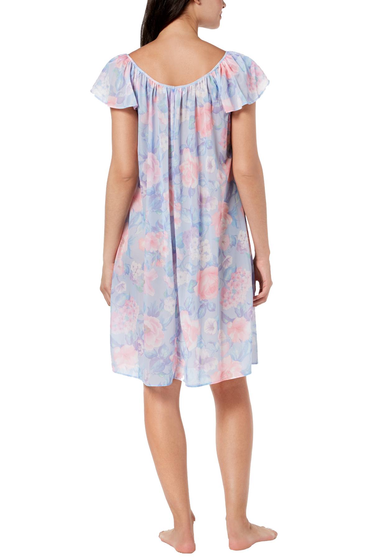 Miss Elaine Blue Floral-Print Tricot Flutter-Sleeve Nightgown