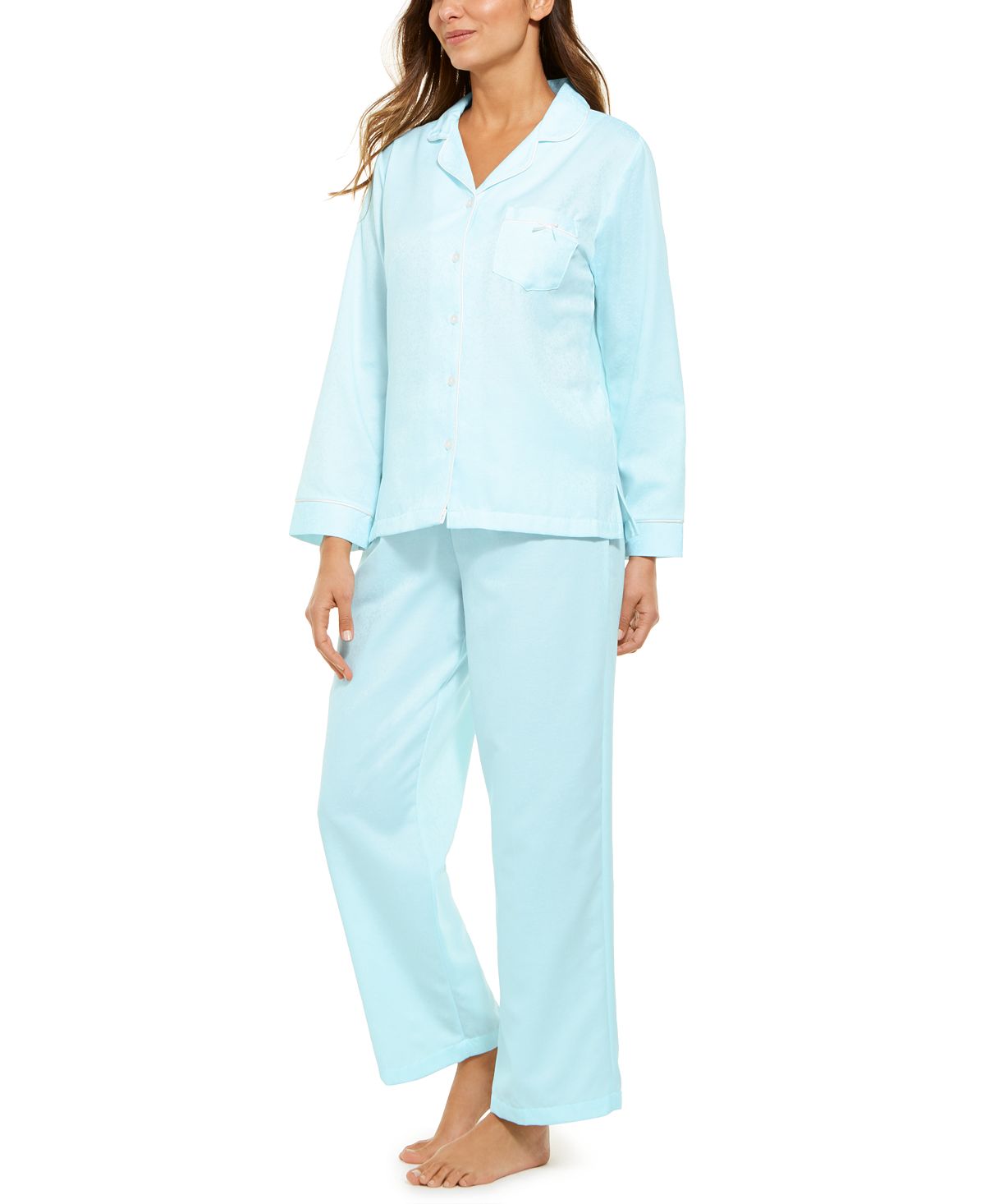 Miss Elaine Jacquard Brushed Back Satin Pajama Set Aqua – CheapUndies