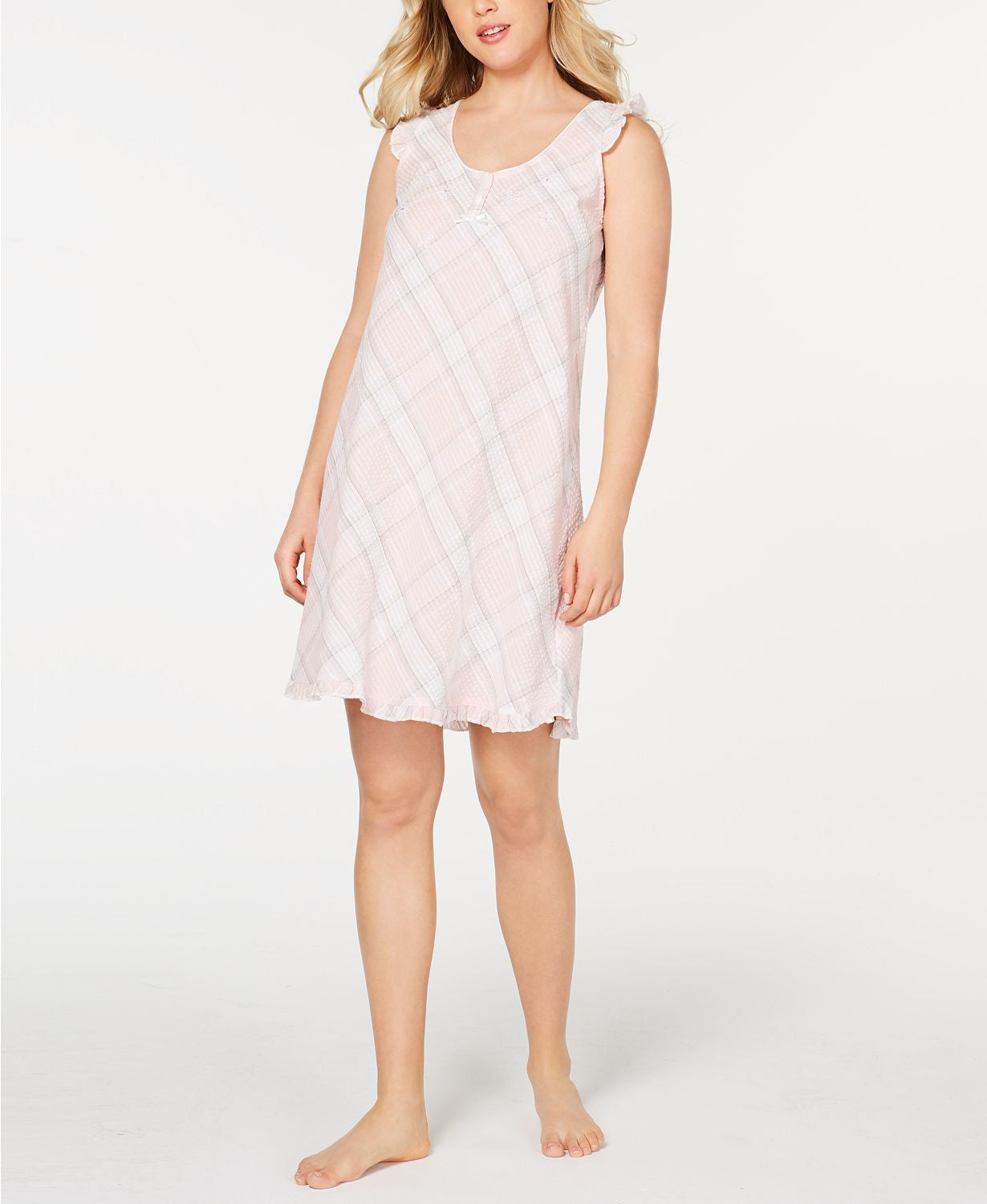 Miss Elaine Printed And Ruffled Seersucker Nightgown in Pink Plaid