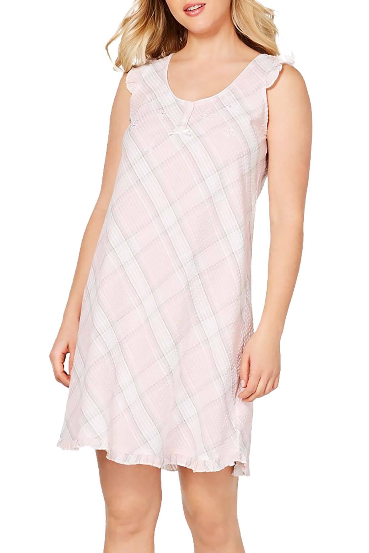 Miss Elaine Printed And Ruffled Seersucker Nightgown in Pink Plaid