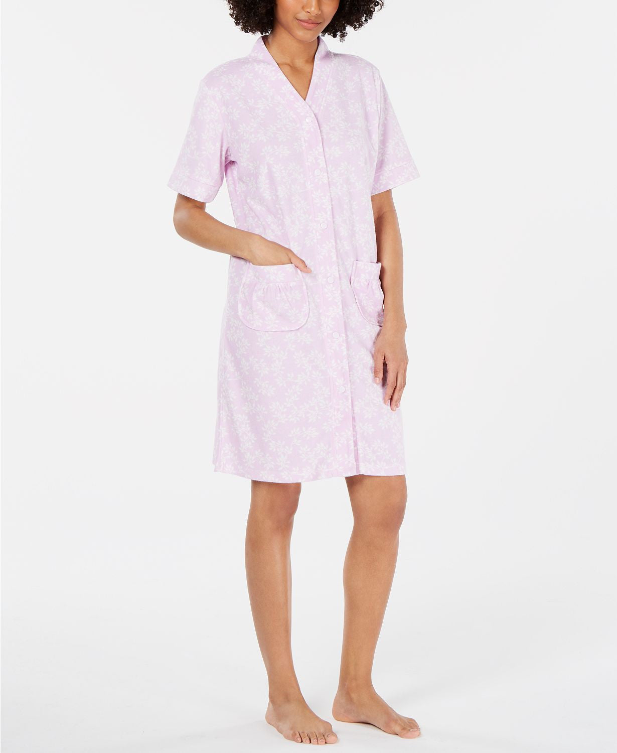 Miss Elaine Printed Brushed Terry Snap Front Robe in Lavender Vines