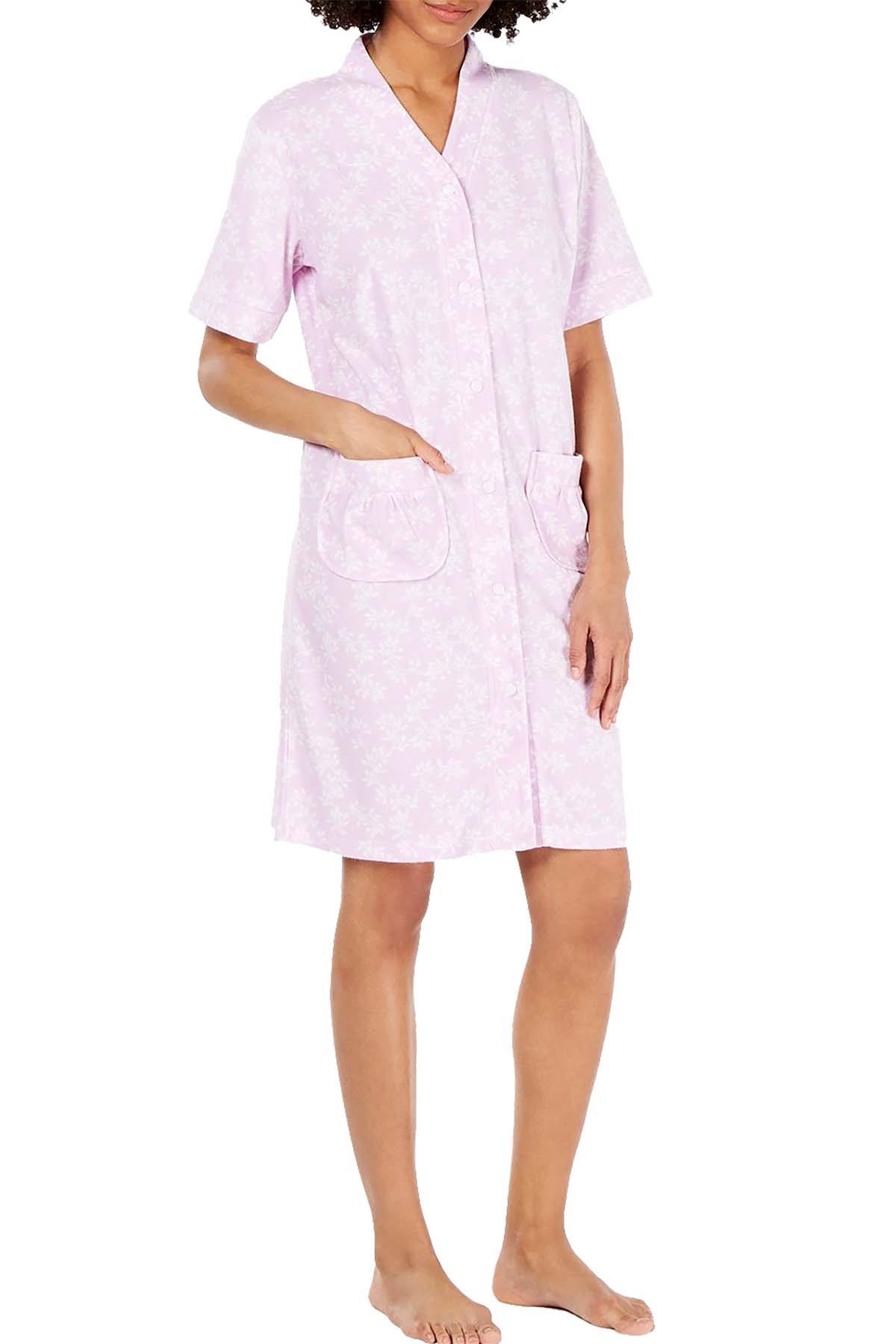 Miss Elaine Printed Brushed Terry Snap Front Robe in Lavender Vines