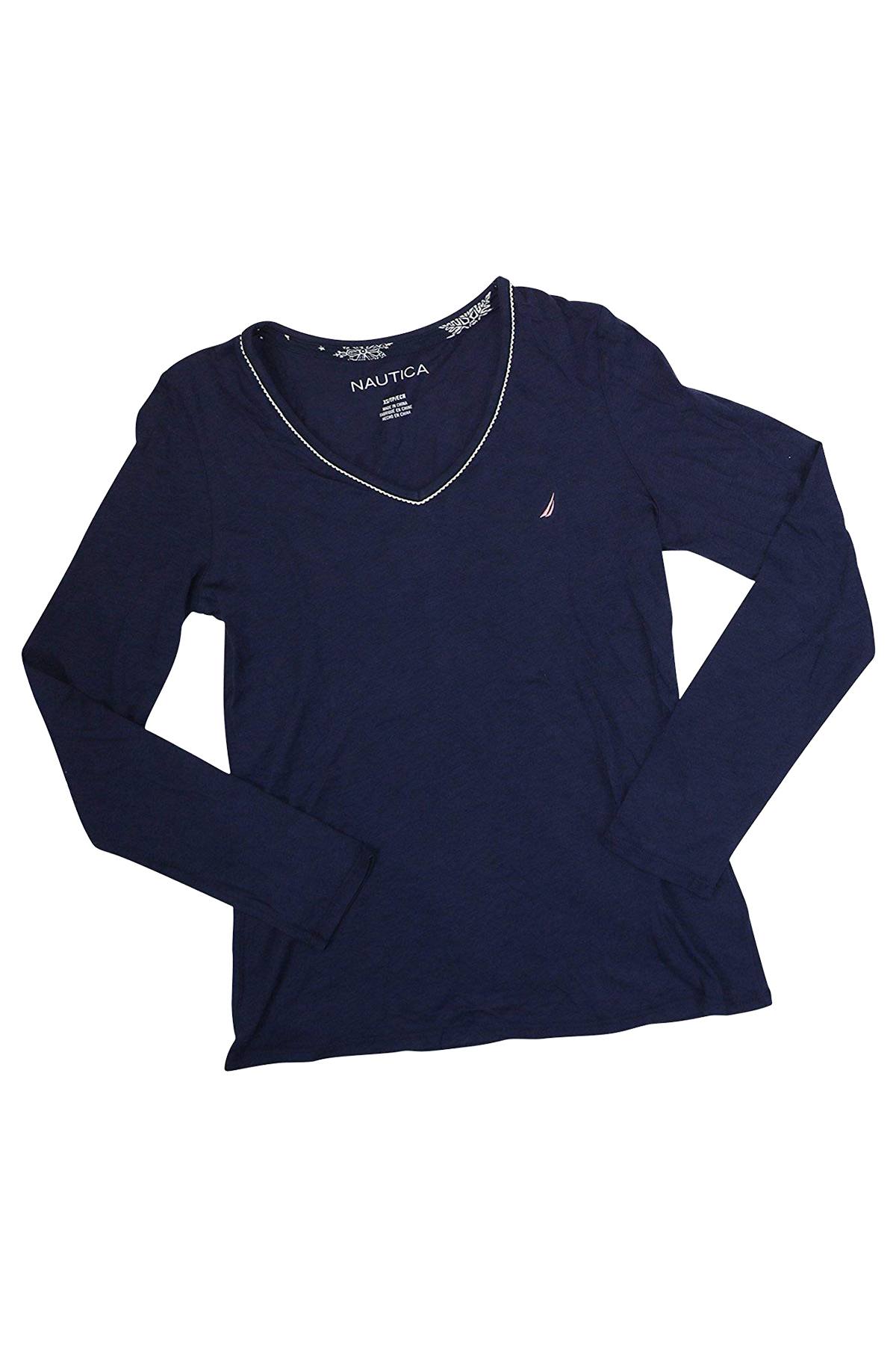 Nautica Navy V-Neck Cotton-Blend Long-Sleeve Lounge Tee