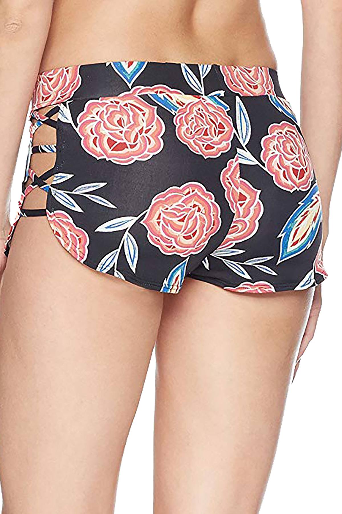 Roxy Anthracite Mexican-Rose Softly Love Printed Strappy Boyshort Swim Bottom