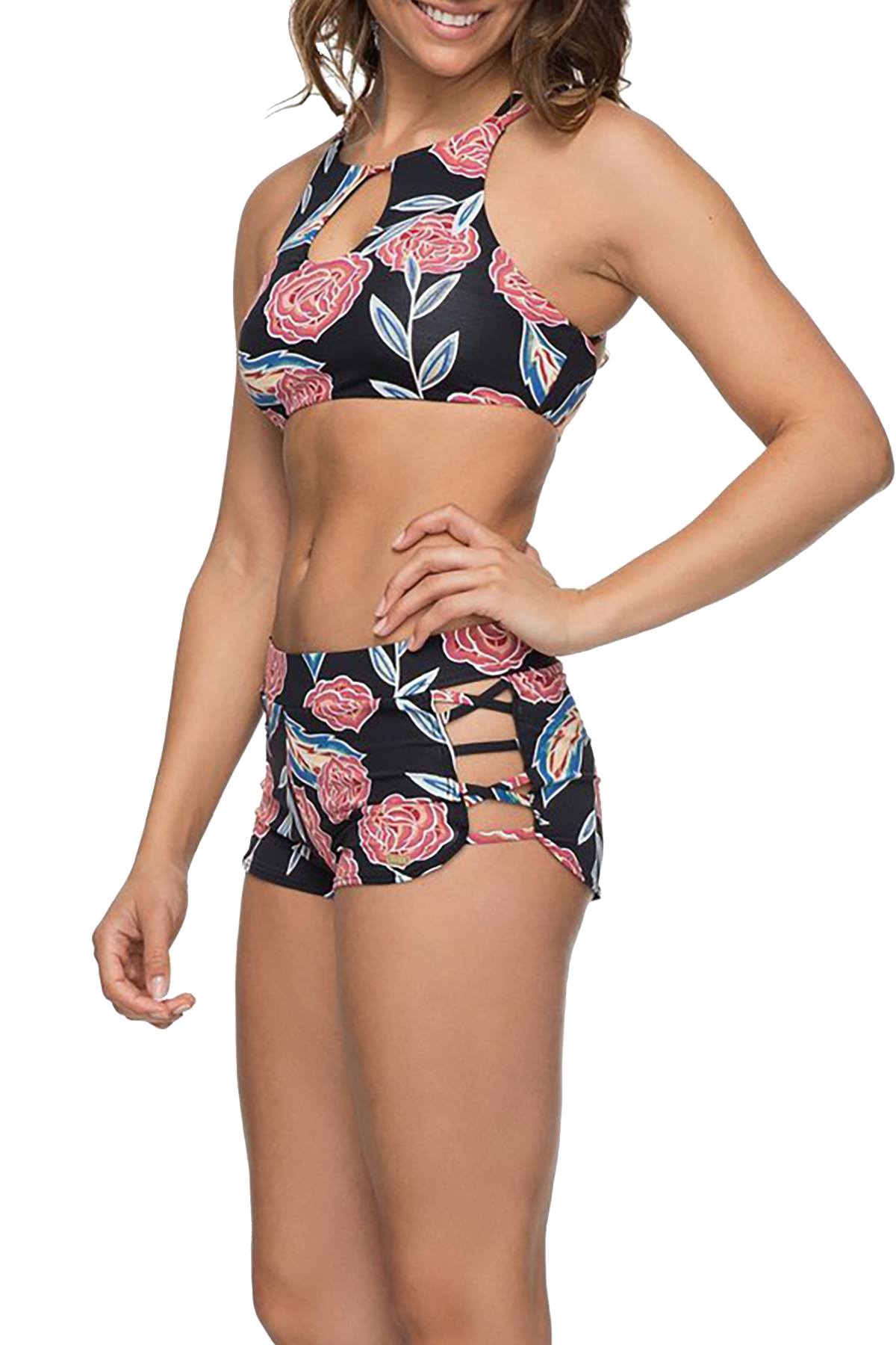 Roxy Anthracite Mexican-Rose Softly Love Printed Strappy Boyshort Swim Bottom