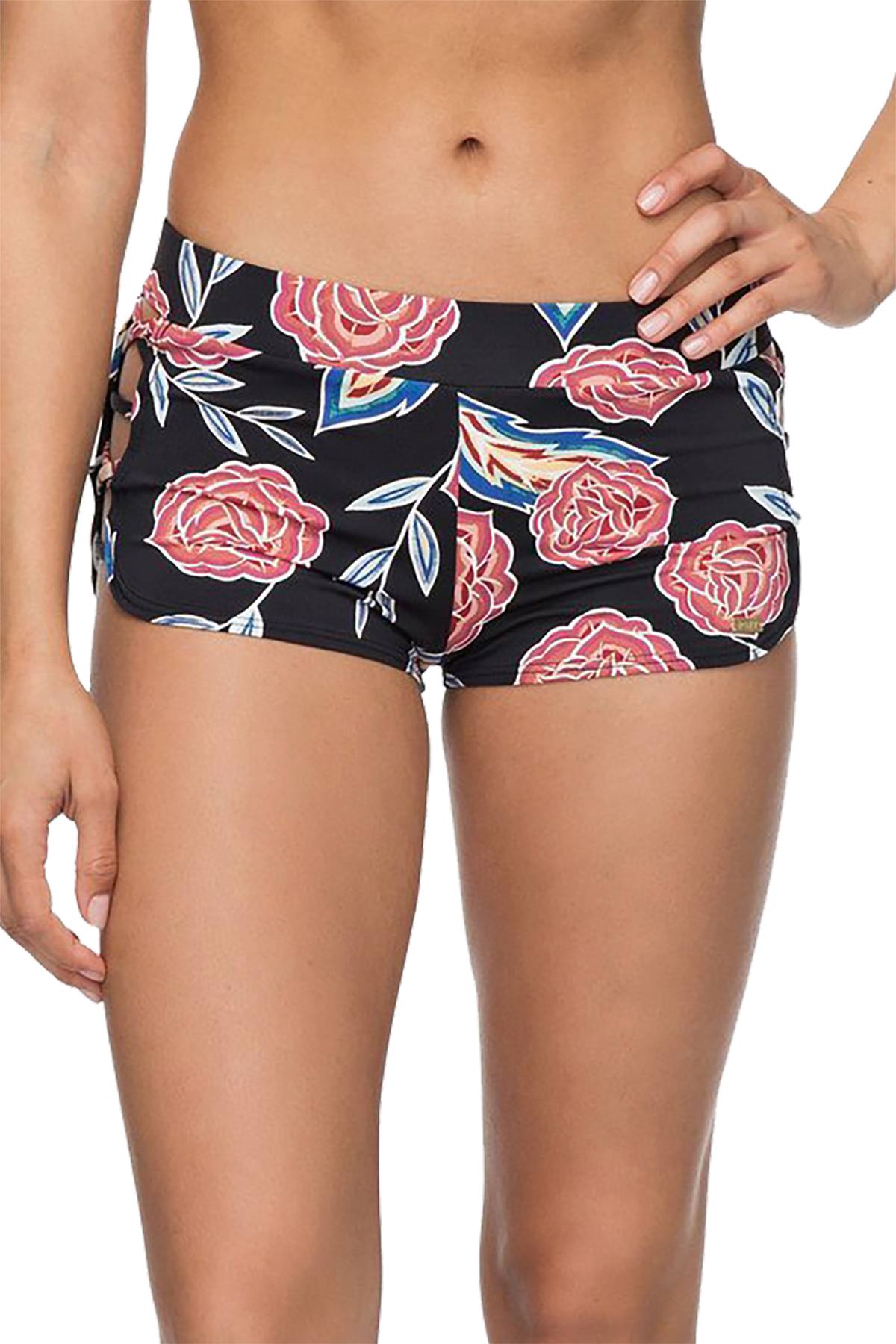 Roxy Anthracite Mexican-Rose Softly Love Printed Strappy Boyshort Swim Bottom