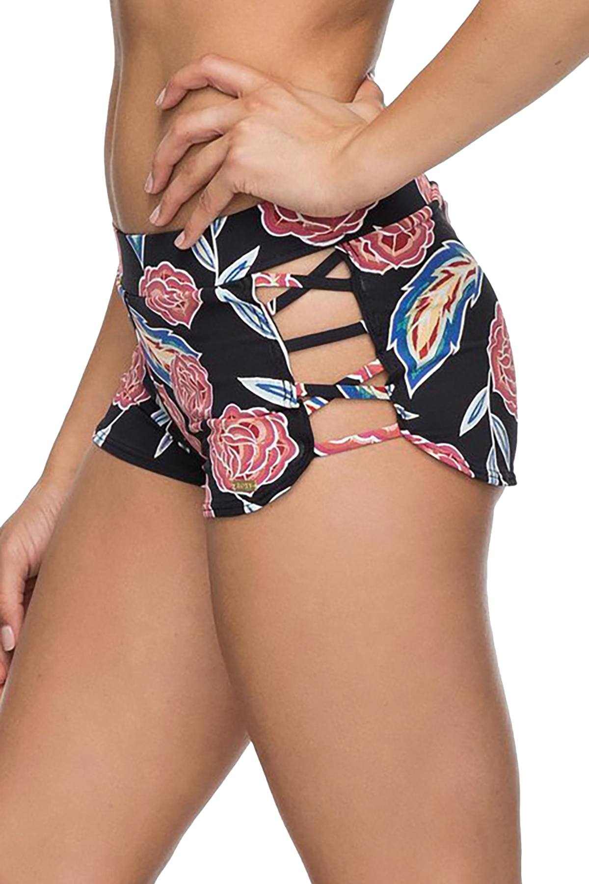 Roxy Anthracite Mexican-Rose Softly Love Printed Strappy Boyshort Swim Bottom