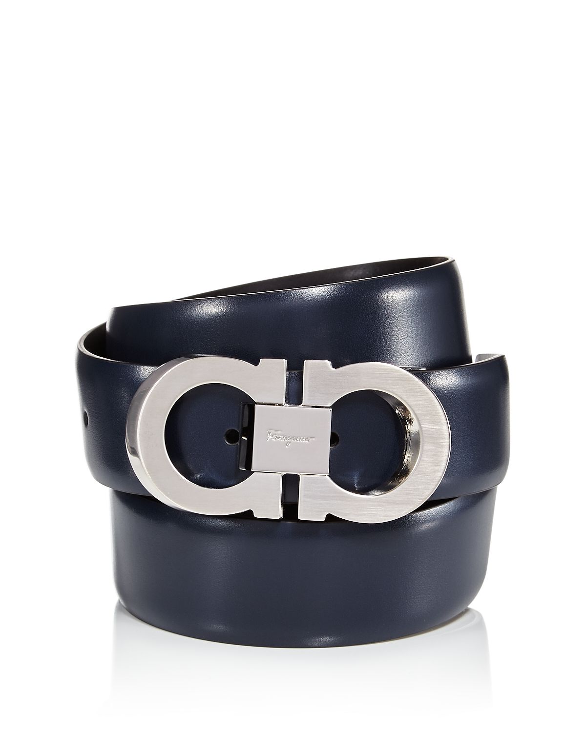 Salvatore Ferragamo Double Gancini Faceted Buckle Dress Belt Blue/Black