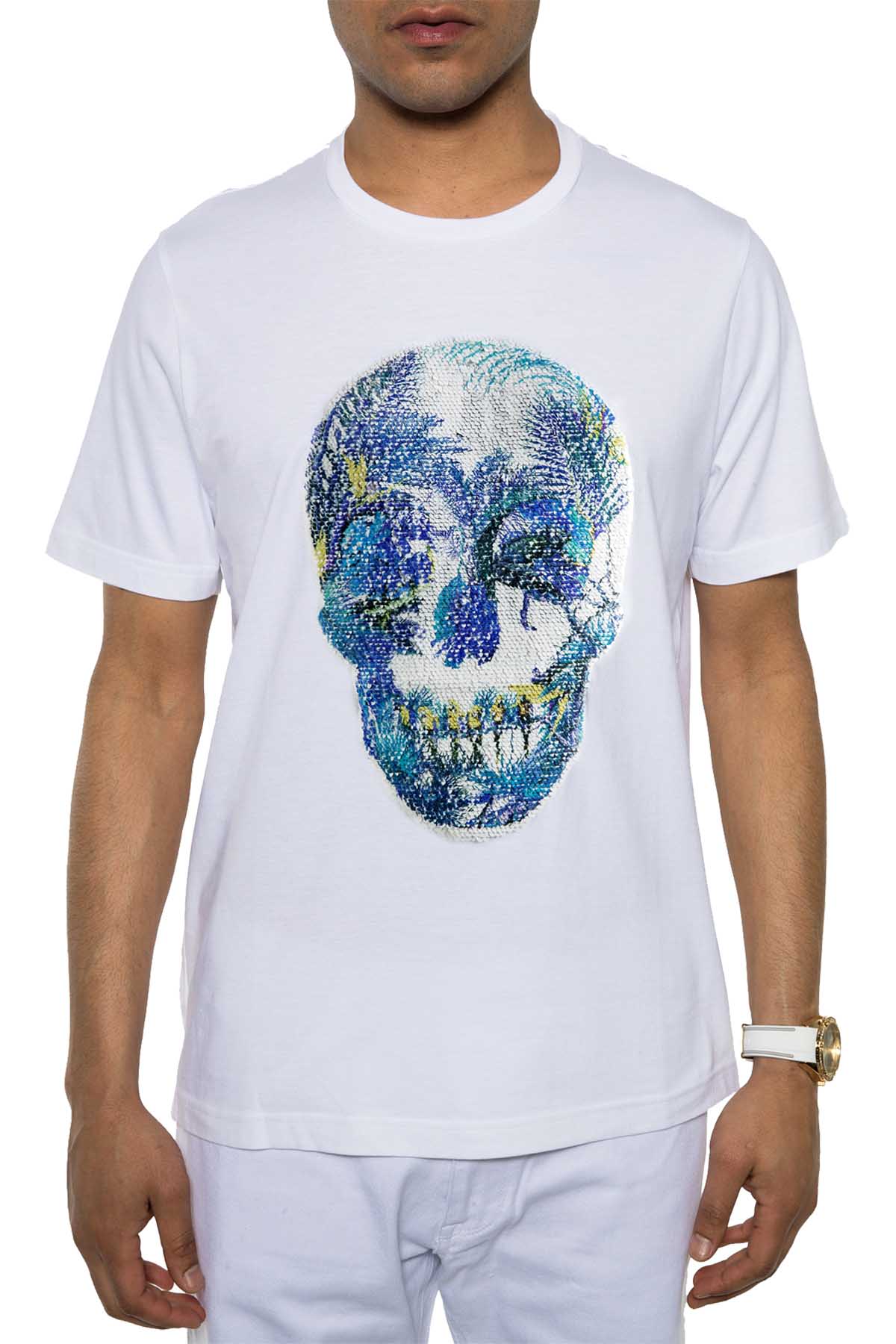 Sean John Bleach White Reversible Sequin Skull T-Shirt