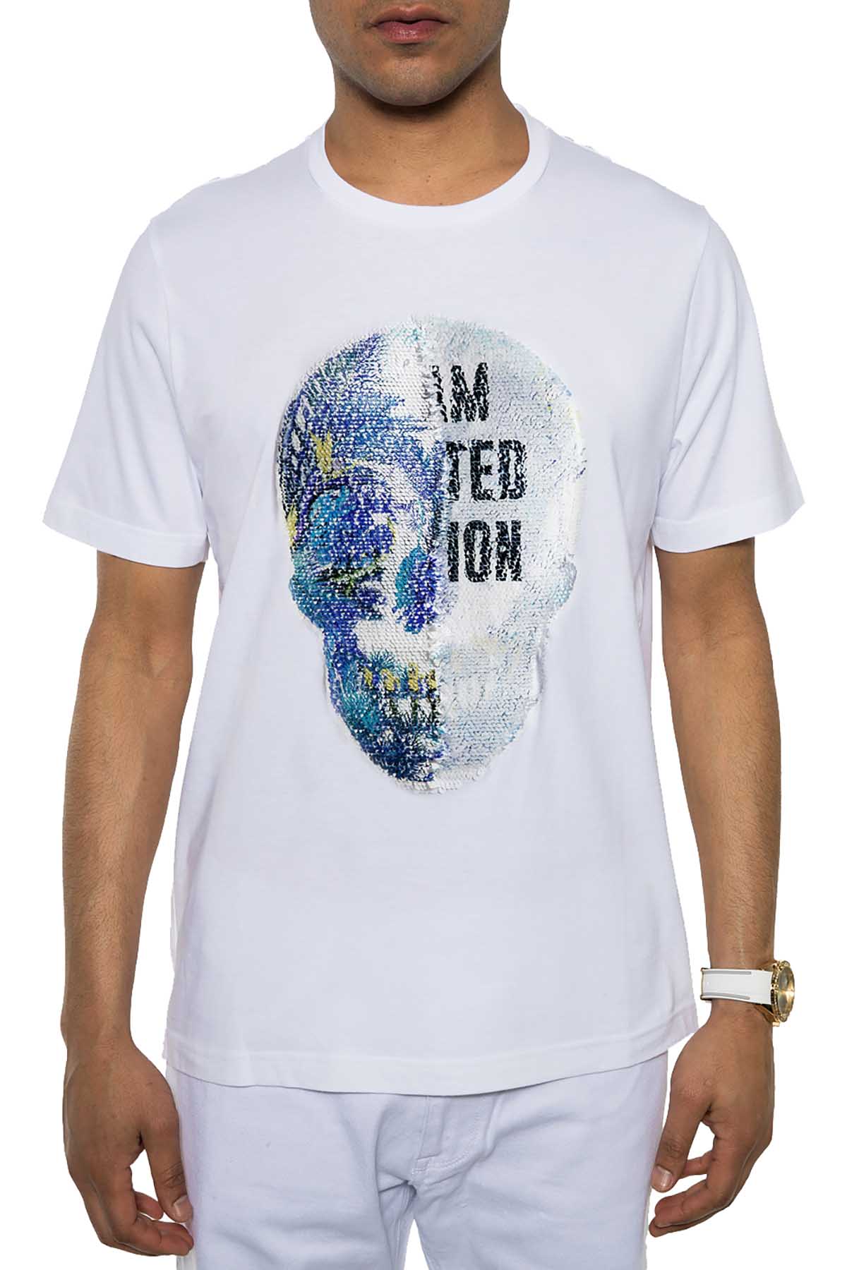 Sean John Bleach White Reversible Sequin Skull T-Shirt