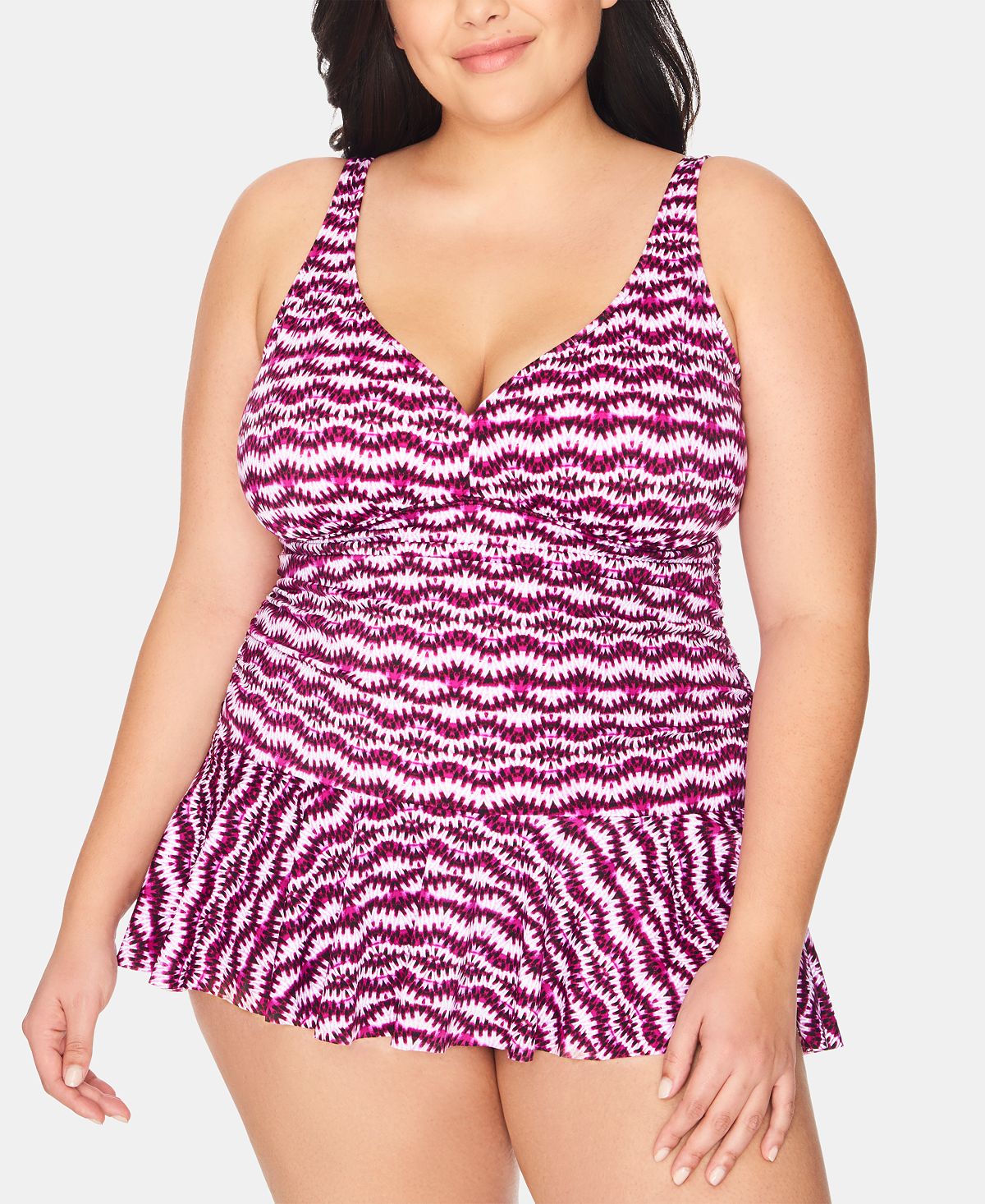 Swim Solutions Plus Size Tummy Control Printed Fauxkini One-Piece