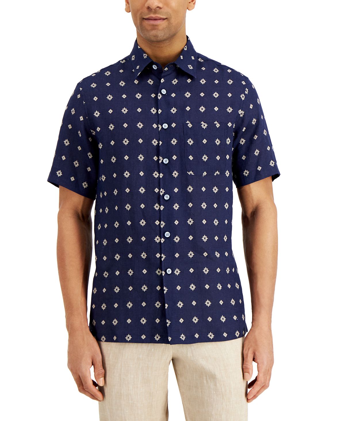 Tasso Elba Regular-fit Geo Tile-print Linen Shirt Navy Combo