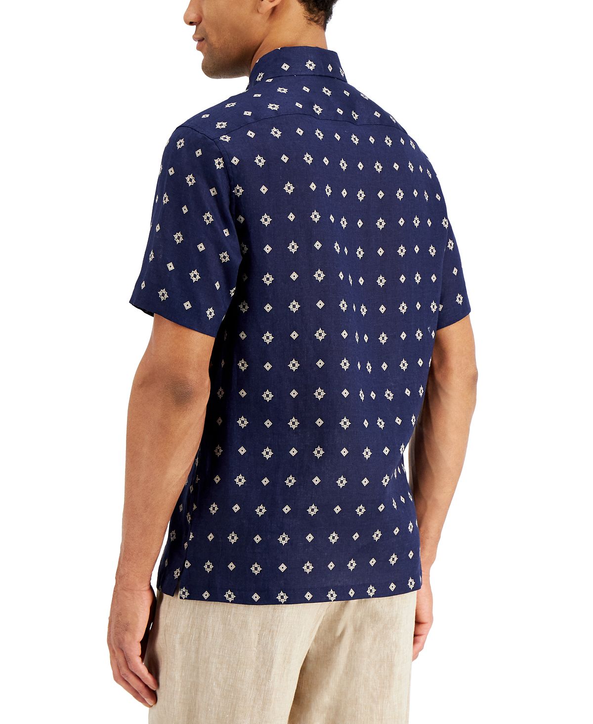 Tasso Elba Regular-fit Geo Tile-print Linen Shirt Navy Combo